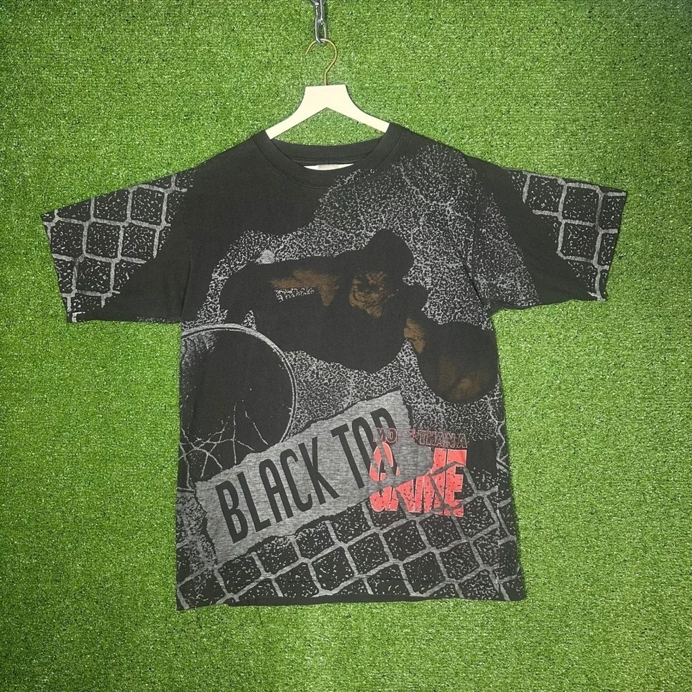 Vintage Reebok Blacktop All Over Print Basketball T-Shirt Mens‎ Large Black 90s